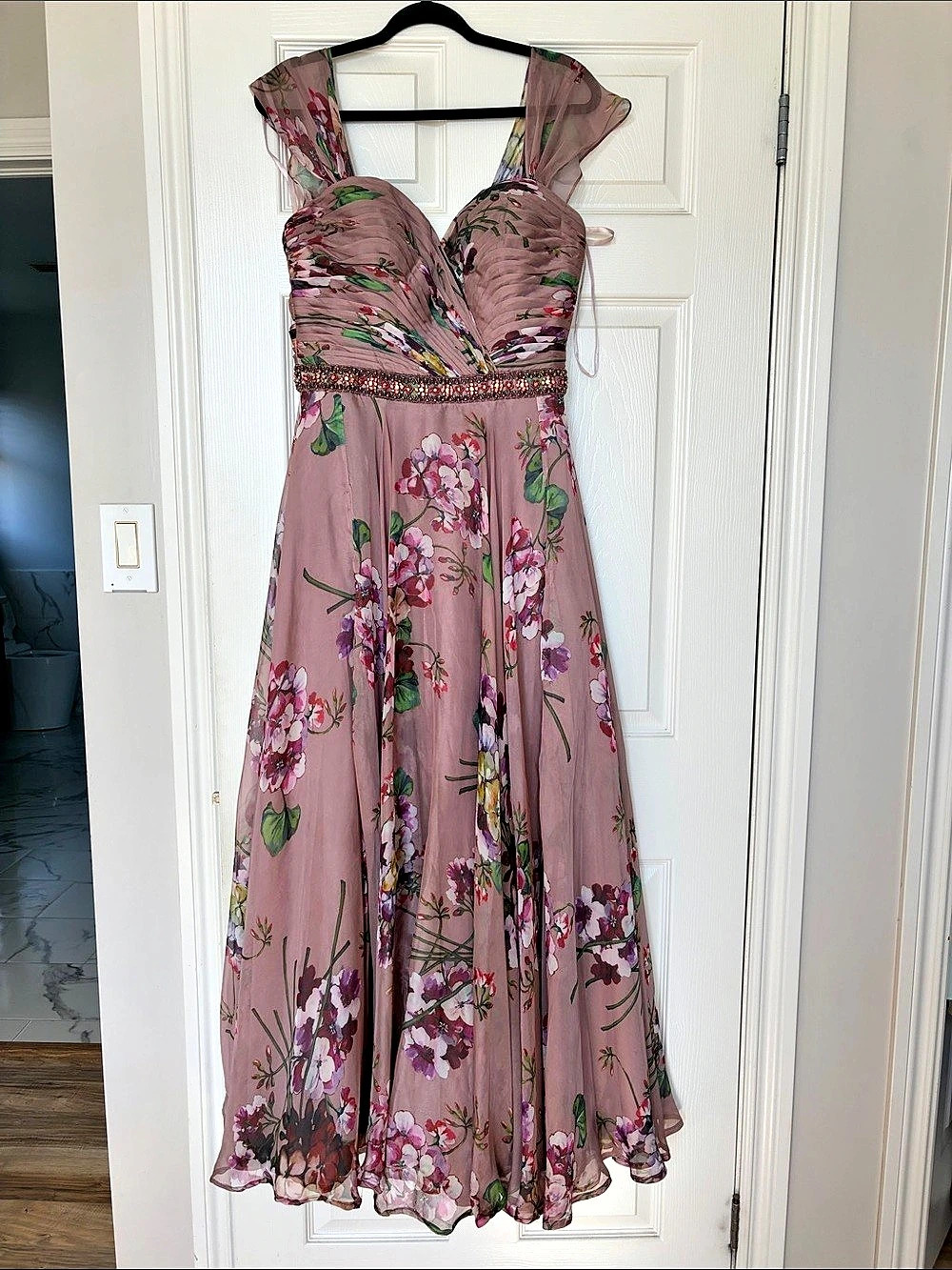 Jovani Strapless Rose Print Chiffon A-Line Gown with Scarf Pink & Green Size 10